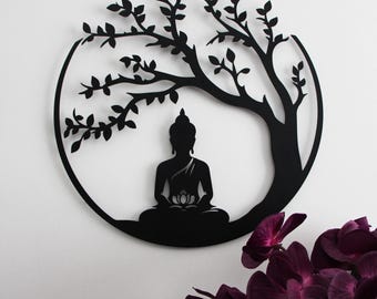Decorazione da parete in metallo con albero della vita e Buddha, grande decorazione da parete con Buddha per soggiorno, decorazione da parete con albero della vita, decorazione da parete con Buddha di grandi dimensioni per sala yoga