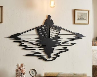 Ruderboot See Metallwandkunst, Fischerboot-Wanddekor, minimalistisches Seehausschild, Kabine Feuerstellendekor, Fischergeschenke, Kaminwandkunst