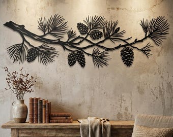 Pine Branch Metal Wall Art, Pinecone Botanical Wall Art, Above Fireplace Decor, Above Door Decor, Arborist Gift, Farmhouse Living Room Decor