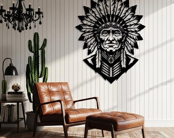 Warrior Metal Wall Art, Rustic Headdress Wall Decor, Masculine Tribal Wall Art, Western Lodge Gift for Him, Cabin Wall Art