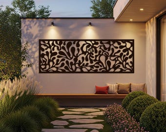 Abstraktes Metallwanddekor im Freien, modernes Terrassendekor über Bank, abstrakte Wandkunst, große horizontale Wandkunst, lange Flurwandkunst