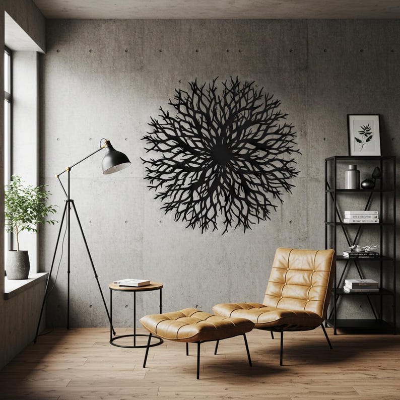 Decoración de pared redonda abstracta para chimenea, decoración de pared metálica sobre sofá, decoración contemporánea para sala de estar, arte de pared metálico moderno con forma de árbol de la vida. imagen 5
