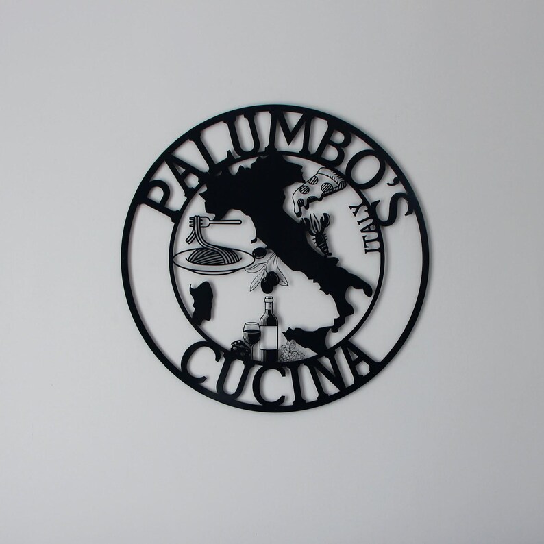 Może przedstawiać: Czarny metalowy znak z napisem "Palumbo's Cucina" w k&oacute;łku. Wewnątrz k&oacute;łka znajduje się sylwetka Włoch z kawałkiem pizzy, talerzem spaghetti, butelką wina i kieliszkiem wina.