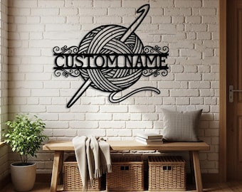 Custom Yarn Ball Sign, Personalized Crochet Metal Wall Art, Knitting Room Decor, Gift for Crocheter, Sewing Room Sign, Sewing Room Decor