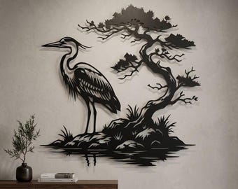 Zen Reiher Metallwandkunst, japanisches Bonsai-Dekor, über Konsolendekor, minimalistisches Wohnzimmerdekor, Seehausdekor, Eingangswanddekor