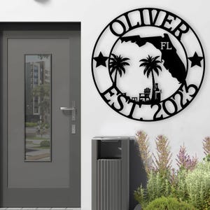Letrero de metal personalizado de Florida, decoración de pared de metal tropical, letrero del estado de Florida, letrero de bienvenida de Florida, decoración al aire libre de Florida, letrero de nombre personalizado
