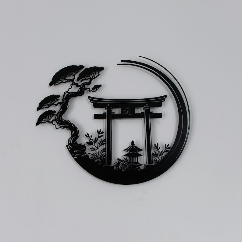 Enso Circle With Torii Gate Metal Wall Decor, Japanese Bedroom Decor ...