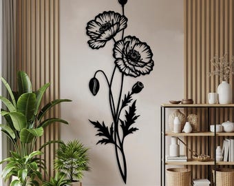 Poppy Flower Metal Wall Art, Bohemian Living Room Wall Decor, Vertical Wall Decor, Minimalist Bedroom Gifts for Women, Narrow Wall Art