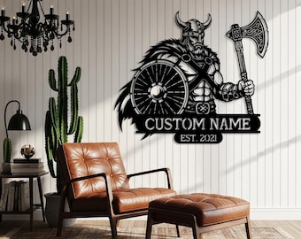 Custom Viking Warrior Metal Sign, Personalized Man Cave Wall Art, Nordic Axe Decor, Above Fireplace Decor, Unusual Gift for Him