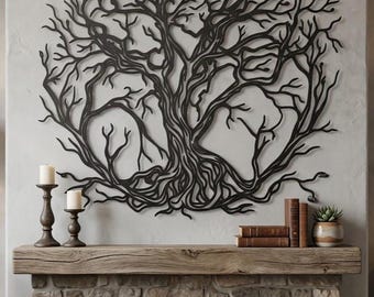 Baum des Lebens Metallwandkunst, abstrakter Baum Metallwanddekor, moderner Baum des Lebenszeichens, minimalistische Wohnzimmerwandkunst, extra große Wandkunst