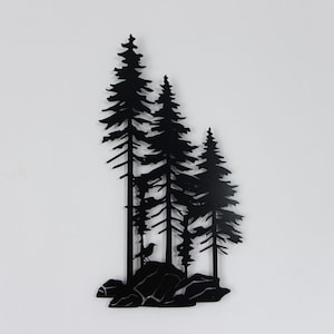 May include: Black metal wall art featuring a silhouette of three pine trees with a small bird perched on a rock at the base.