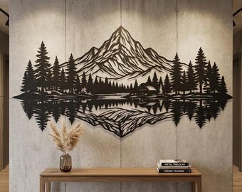 Bergsee Spiegelung Metallwandkunst, Haus am See Wanddekor, Kiefer Wandkunst, Haus am See Wohnzimmer Dekor, Kabine Kamin Wandkunst