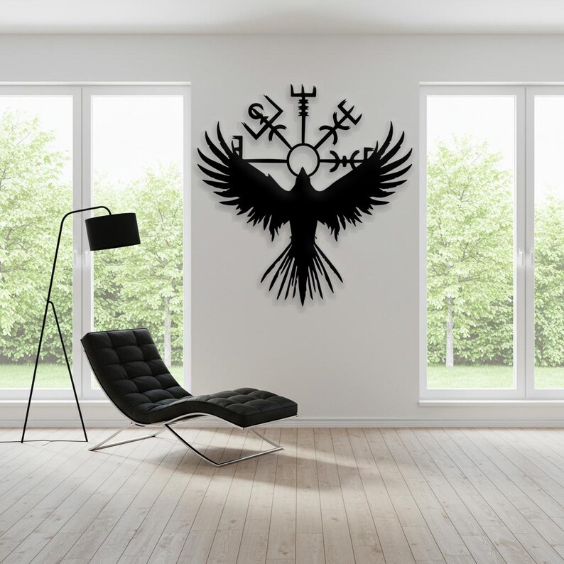 Aggressive Raven Viking Metal Sign, Nordic Vegvisir Symbol Wall Art ...
