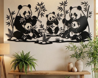 Panda Family Metal Wall Art, Best Gifts for Family, Cute Playroom Decor, Botanical Nursery Wall Decor, Panda Lover Gift, Above Couch Decor