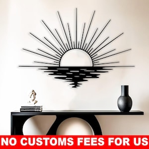 Arte de pared grande con amanecer, decoración del hogar con atardecer, decoración de pared de metal con sol para sala de estar, decoración de pared náutica oceánica, decoración moderna para sala de estar