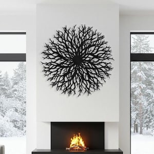 Decoración de pared redonda abstracta para chimenea, decoración de pared metálica sobre sofá, decoración contemporánea para sala de estar, arte de pared metálico moderno con forma de árbol de la vida. imagen 1