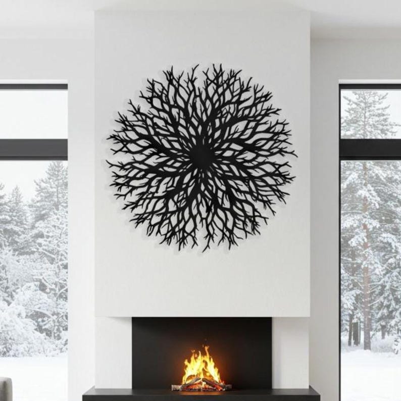 Decoración de pared redonda abstracta para chimenea, decoración de pared metálica sobre sofá, decoración contemporánea para sala de estar, arte de pared metálico moderno con forma de árbol de la vida. imagen 1