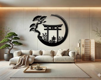 Enso Kreis mit Torii Tor Metallwanddekor, japanisches Schlafzimmerdekor, inspirierende Wandkunst, Sanmon Bonsai Baum Zeichen, japanisches Wohndekor