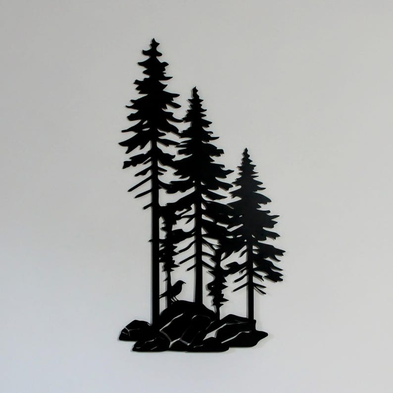 May include: Black metal silhouette wall art featuring three pine trees with a bird perched on a rock at the base.