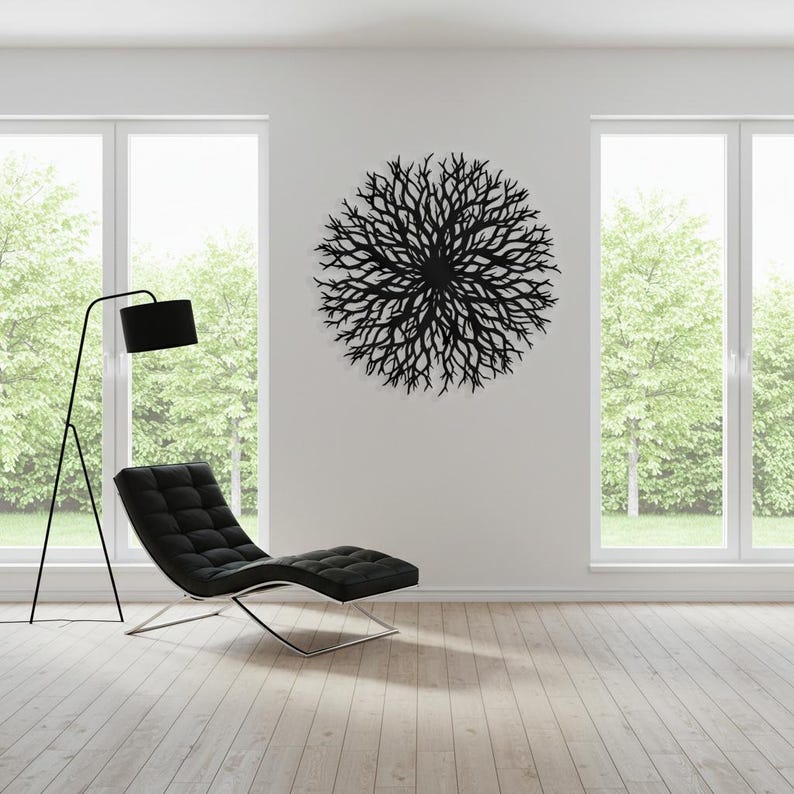 Decoración de pared redonda abstracta para chimenea, decoración de pared metálica sobre sofá, decoración contemporánea para sala de estar, arte de pared metálico moderno con forma de árbol de la vida. imagen 6