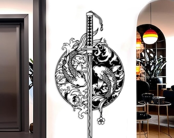 Samurai Sword Metal Wall Art, Koi Fish Wall Decor, Japanese Home Decor, Japanese Gifts for Men, Yin Yang Wall Art, yin and yang sign