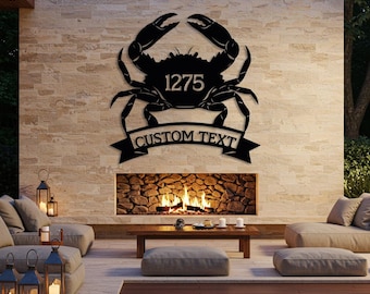 Custom Crab Metal Sign, Coastal House Number Sign, Outdoor Beach House Wall Decor, Nautical Personalized Yard Sign, Gift for Seaside Home