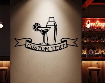 Letrero metálico personalizado para cócteles, decoración personalizada para el comedor, arte para la pared del bar, letrero metálico personalizado con el nombre del bar, letrero para bar en casa, letrero para copa de martini