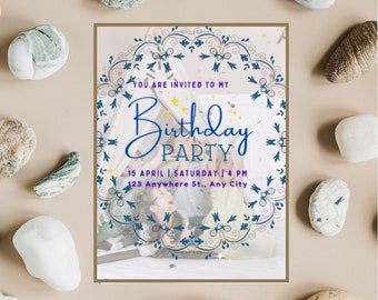 White and Blue Birthday Invitation Template, Canva template, Instant Download