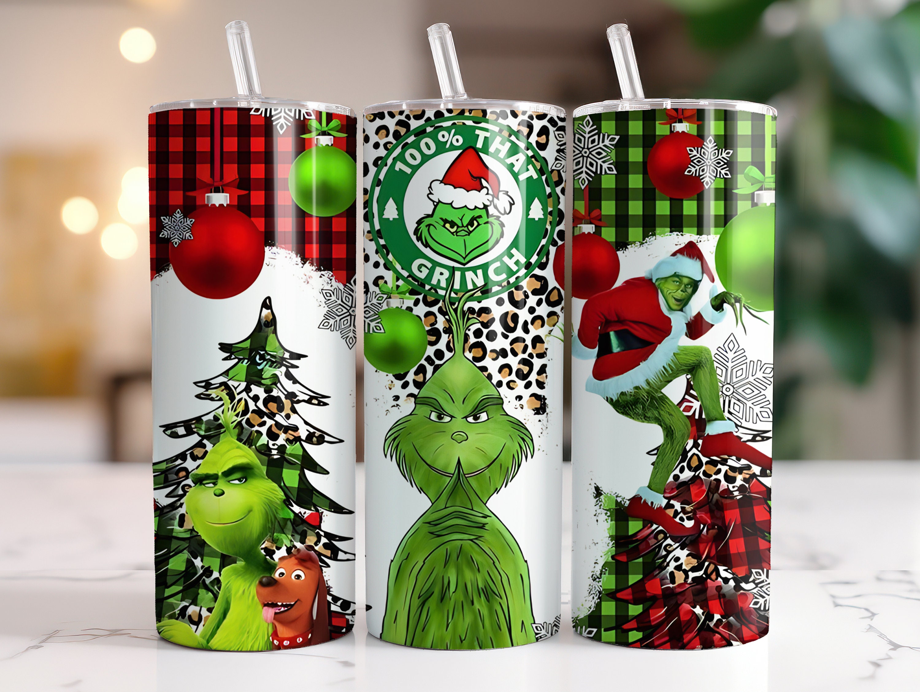 RTS 3D Puffy Pink Basic Christmas Grinch With Stanley Cup Sublimation wrap  for 20 oz Skinny tumbler.
