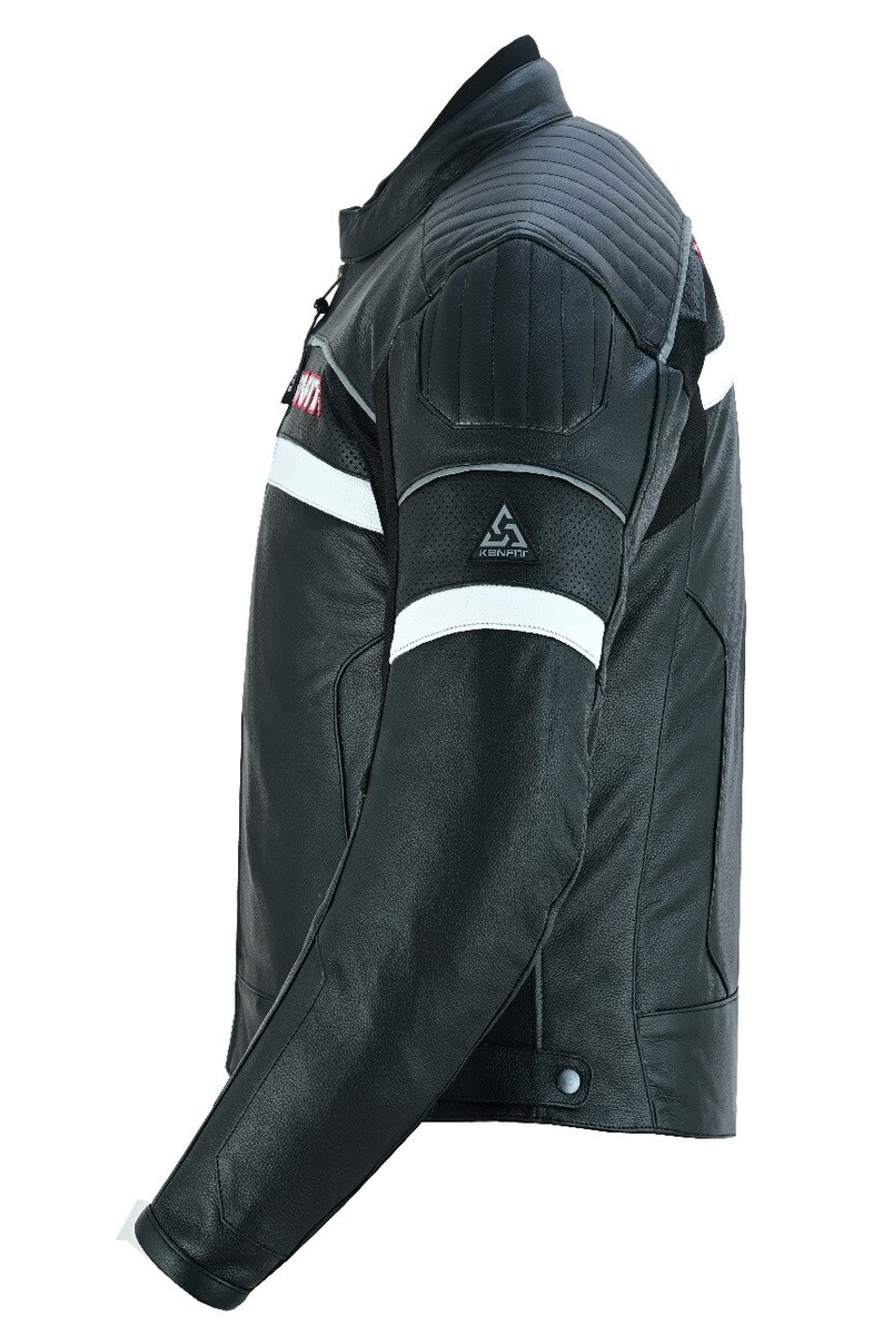 May include: Black leather motorcycle jacket with white and red accents. The jacket has a  Kenpfit logo on the left sleeve.
