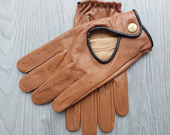 Gants de conduite KENFIT pour chauffeur en cuir véritable avec fermeture à bouton vintage