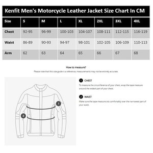May include: Size chart for a men's motorcycle leather jacket in centimeters. The chart shows measurements for chest, waist, and arm length in sizes S through 4XL.