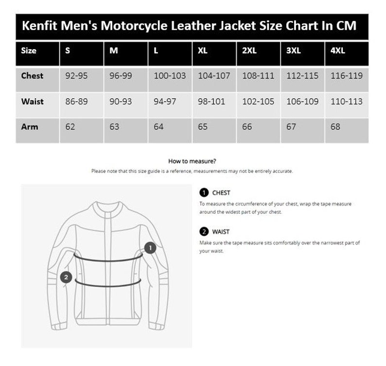 May include: Size chart for a men's motorcycle leather jacket in centimeters. The chart shows measurements for chest, waist, and arm length in sizes S through 4XL.