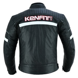 May include: Black leather motorcycle jacket with white and red accents. The jacket has a "Kenfit UK" logo on the back.