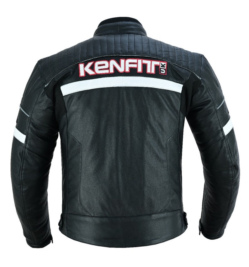 May include: Black leather motorcycle jacket with white and red accents. The jacket has a "Kenfit UK" logo on the back.