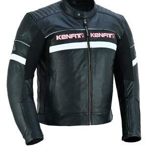 May include: A black leather motorcycle jacket with white and red accents. The jacket has a zipper closure and a Kenfit logo on the chest.