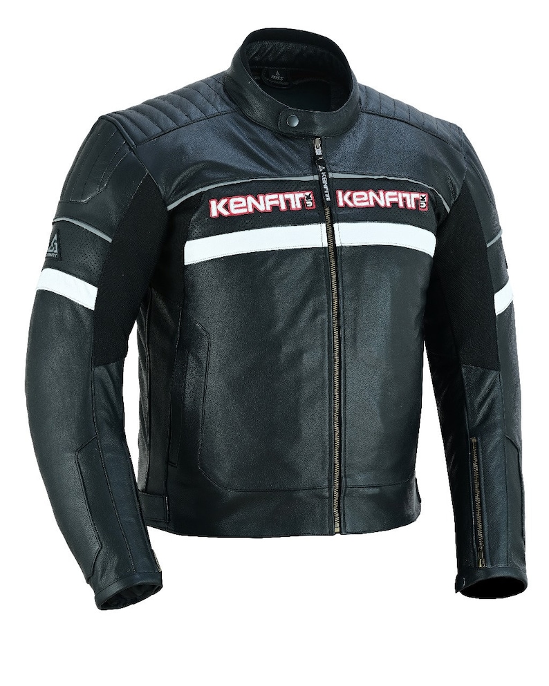 May include: A black leather motorcycle jacket with white and red accents. The jacket has a zipper closure and a Kenfit logo on the chest.