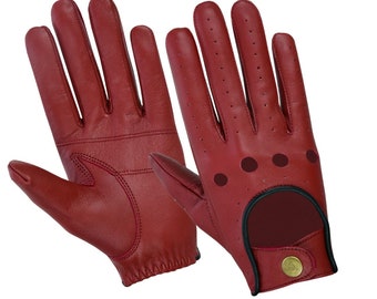 Red Leather Driving Gloves Women Full Finger, Vintage Button Ladies Driving Gloves, Unlined Soft Leather Fashion Gloves UK