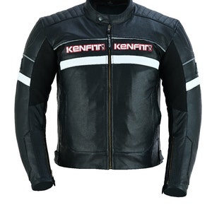 May include: Black leather motorcycle jacket with white and red accents. The jacket has a zipper closure and a stand-up collar. The text "Kenfit" is printed on the front of the jacket.