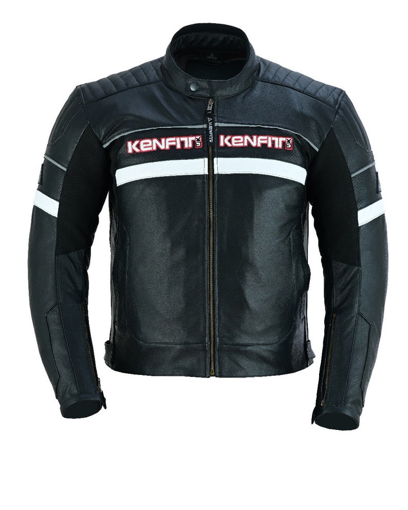May include: Black leather motorcycle jacket with white and red accents. The jacket has a zipper closure and a stand-up collar. The text "Kenfit" is printed on the front of the jacket.