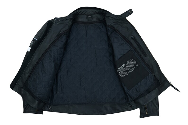 May include: Black leather jacket with a quilted lining and a zippered pocket on the left side. The jacket has a label that reads "JACKSONVILLE" inside the pocket.