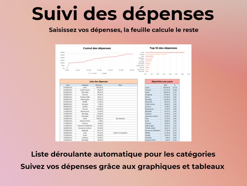 Budget Mensuel Excel en Français Tableau Excel pour Gérer son Budget Personnel ou Familial Feuille Excel 100% en Francais image 3