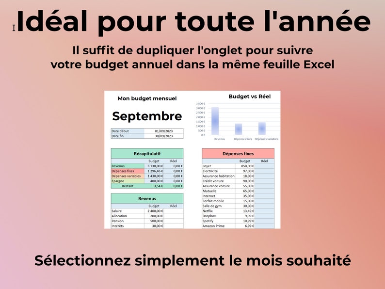 Budget Mensuel Excel en Français Tableau Excel pour Gérer son Budget Personnel ou Familial Feuille Excel 100% en Francais image 4