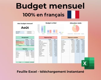 Peut inclure: Un modèle de feuille de calcul de budget en français pour le mois d'août. La feuille de calcul comprend des sections pour les revenus, les dépenses fixes, les dépenses variables et un résumé du budget. La feuille de calcul comprend également un graphique montrant le budget par rapport aux dépenses réelles.