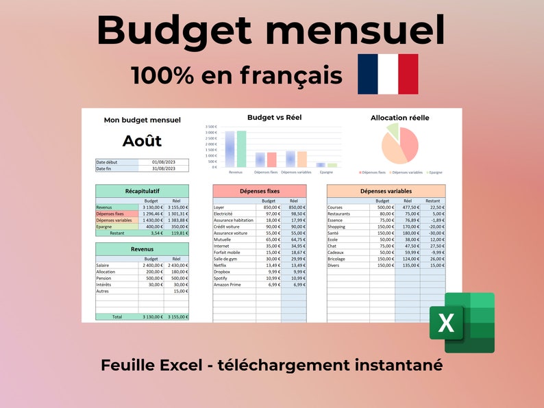 Budget Mensuel Excel en Français Tableau Excel pour Gérer son Budget Personnel ou Familial Feuille Excel 100% en Francais image 1