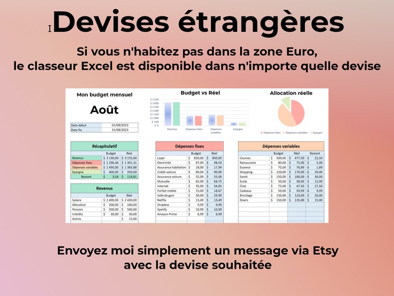 Budget Mensuel Excel en Français Tableau Excel pour Gérer son Budget Personnel ou Familial Feuille Excel 100% en Francais image 5