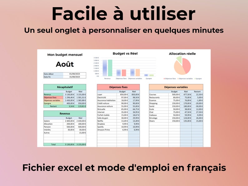 Budget Mensuel Excel en Français Tableau Excel pour Gérer son Budget Personnel ou Familial Feuille Excel 100% en Francais image 2