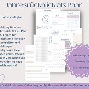Pode incluir: Um download digital imprimível para casais usarem para uma revisão de fim de ano. O download inclui folhas de trabalho, rastreadores de objetivos e um modelo de quadro de visão. O texto na imagem diz "Jahresrückblick als Paar", que se traduz como "Revisão de fim de ano como casal".