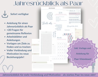 May include: A printable digital download for couples to use for a year-end review. The download includes worksheets, goal trackers, and a vision board template. The text on the image reads "Jahresrückblick als Paar" which translates to "Year-End Review as a Couple".