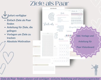 May include: A printable digital download for couples to set goals together. The image shows a pink and gray color scheme with a heart design. The text on the image reads "Ziele als Paar" which translates to "Goals as a Couple".